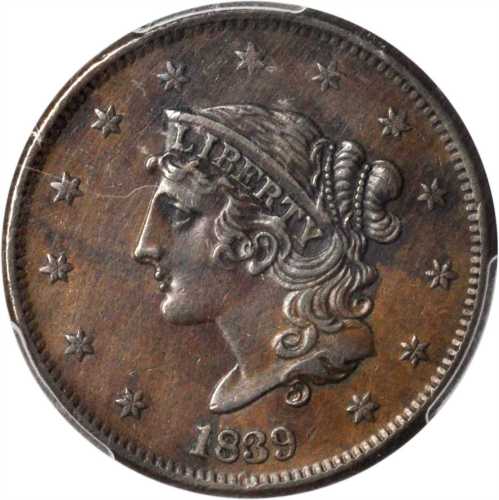 1839 Modified Matron Head Cent. N-6. Rarity-2. Booby Head. AU-55 (PCGS).