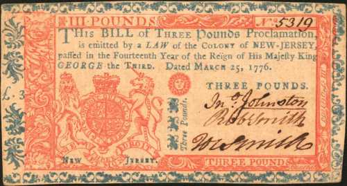 NJ-182. New Jersey. March 25, 1776. 3 Pounds. About Uncirculated.