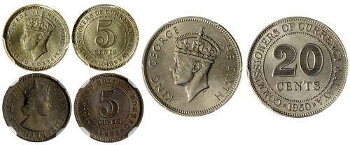 马来亚辅币3枚一组，包括1943及53年5分，1950年20分，分别评PCGS MS65, NGC MS66及PCGS MS65
