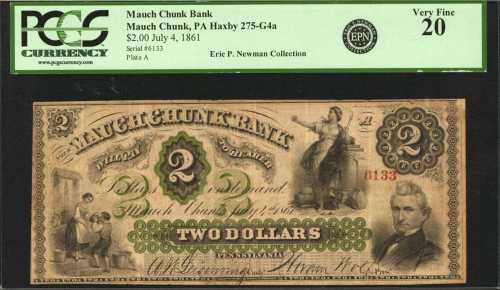 Mauch Chunk, Pennsylvania. Mauch Chunk Bank. July 4, 1861. $2. PCGS Very Fine 20.
