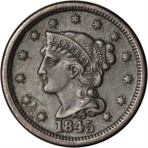 Lot of (5) 1845 Braided Hair Cents.
