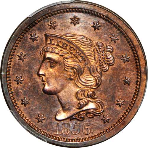 1856 Braided Hair Cent. N-5. Rarity-5. Slanting 5. Proof-64 RB (PCGS).