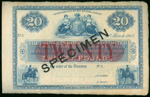 1905年苏格兰联邦银行20镑样钞，有微黄，GEF品相