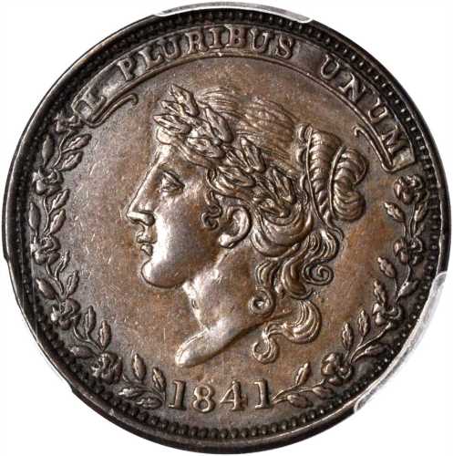 1841 Liberty - Not One Cent. HT-58, Low-69. Rarity-1. Copper. 28 mm. AU-58 (PCGS).