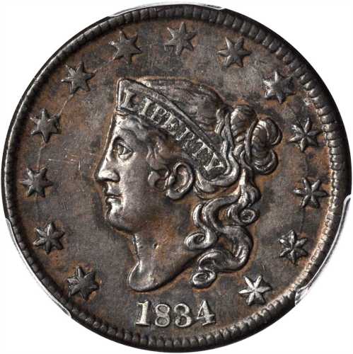1834 Matron Head Cent. N-1. Rarity-1. Small 8, Large Stars, Medium Letters. EF Details--Environmenta