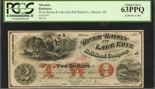 Monroe, Michigan. River Raisin & Lake Erie Rail Road Company. $2 & $3. PCGS Choice About New 58 & PC