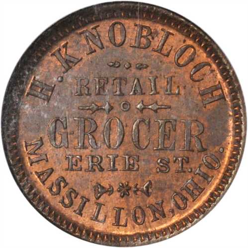 Ohio--Massillon. 1863 Henry Knobloch. Fuld-535D-4a. Rarity-5. Copper. 19 mm. MS-65 BN (NGC).