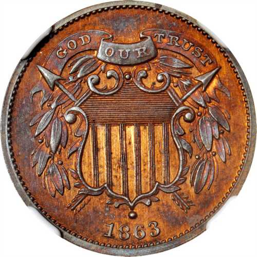 1863 Pattern and Experimental Coins. Pattern Two-Cent Piece. Judd-312, Pollock-377. Rarity-4. Bronze