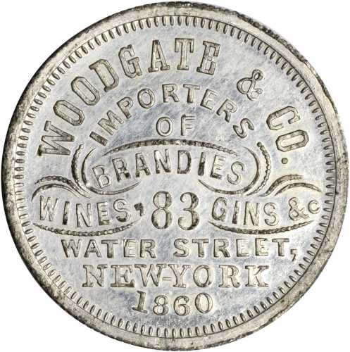 New York--New York. 1860 Woodgate & Co. Miller-NY 971. White Metal. 27.9 mm. MS-62.