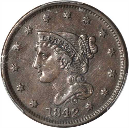 1842 Braided Hair Cent. N-4. Rarity-2. Large Date. AU-53 (PCGS).