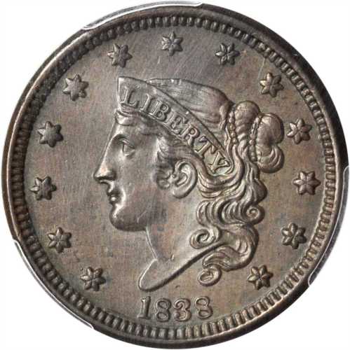 1838 Modified Matron Head Cent. N-4. Rarity-2. AU-58 (PCGS).