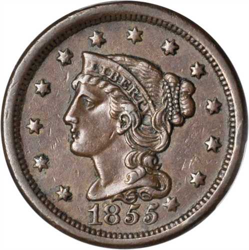 1855 Braided Hair Cent. N-9. Rarity-1. Slanting 5s, Knob on Ear. AU-53 (PCGS).