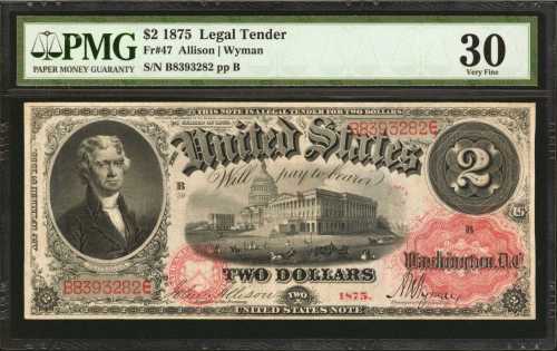 Fr. 47. 1875 $2 Legal Tender Note. PMG Very Fine 30.