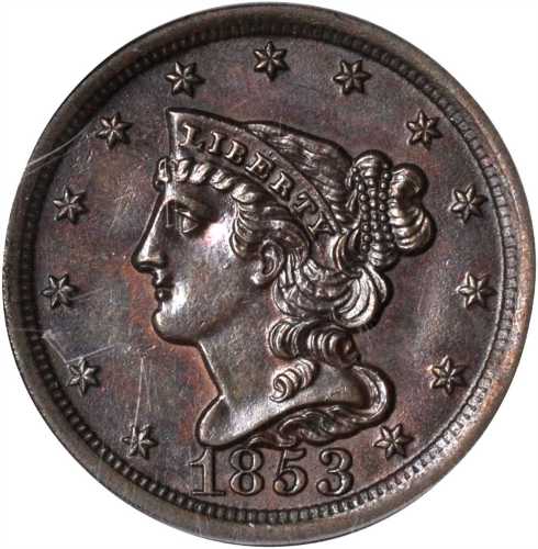 1853 Braided Hair Half Cent. C-1, the only known dies. Rarity-1. Genuine--Cleaned (PCGS).