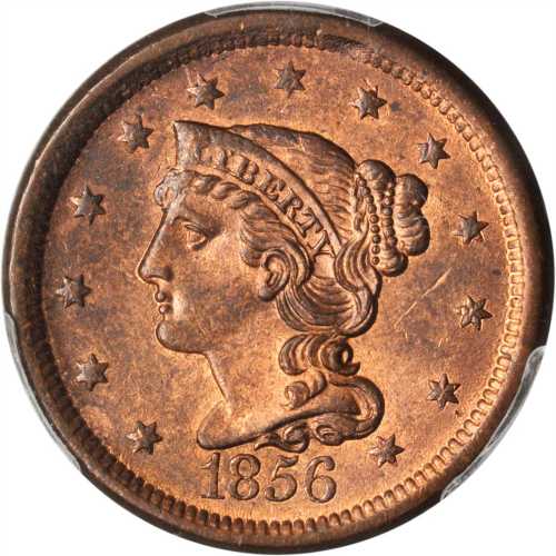 1856 Braided Hair Cent. N-14. Rarity-1. Slanting 5. MS-64 RB (PCGS).