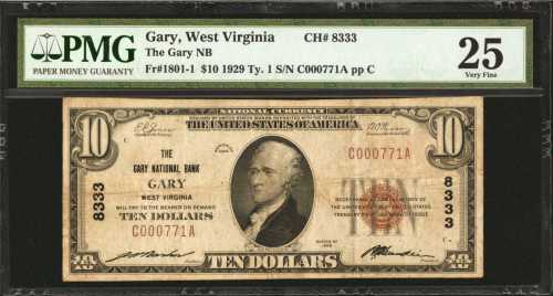 Gary, West Virginia. $10 1929 Ty. 1. Fr. 1801-1. The Gary NB. Charter #8333. PMG Very Fine 25.