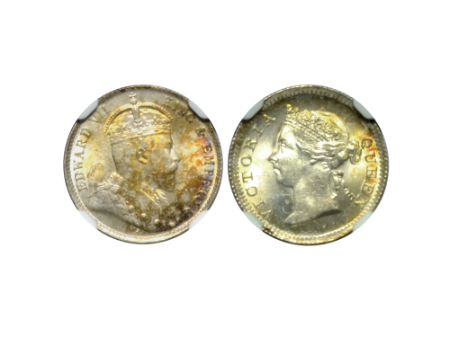 1901年香港五仙银币，KM 5，NGC MS64; 1905年香港五仙银币，KM 12，NGC MS63。共2枚