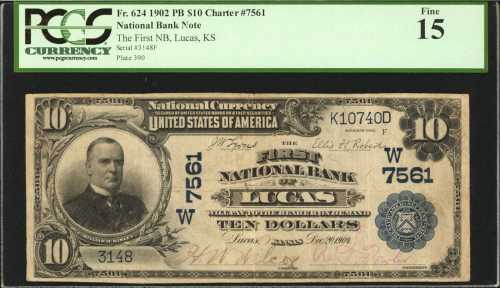 Lucas, Kansas. $10 1902 Plain Back. Fr. 624. The First NB. Charter #7561. PCGS Fine 15.