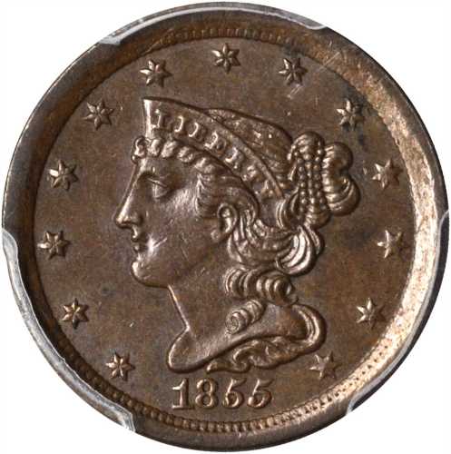 1855 Braided Hair Half Cent. C-1, the only known dies. Rarity-1. MS-62 BN (PCGS).