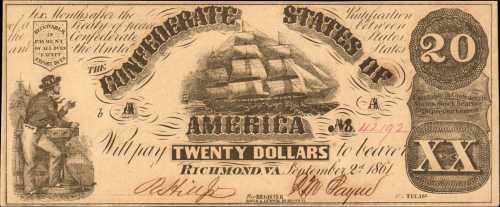 T-18. Confederate Currency. 1861 $20. About Uncirculated.