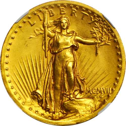 MCMVII (1907) Saint-Gaudens Double Eagle. High Relief. Wire Rim. MS-64 (NGC).