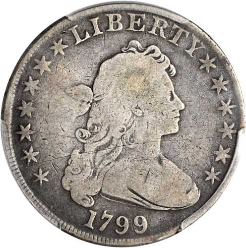 1799 Draped Bust Silver Dollar. BB-163, B-10. Rarity-2. Good Details--Damage (PCGS).