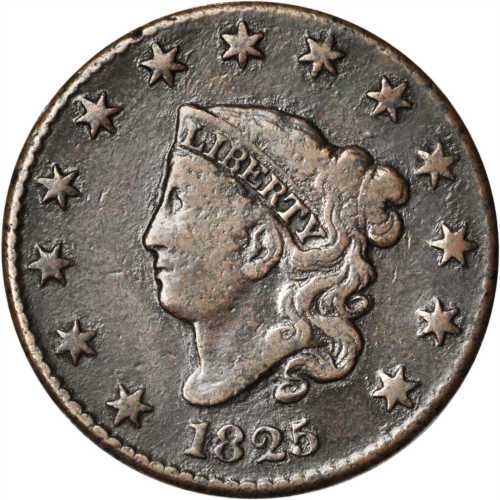 1825 Matron Head Cent. N-2. Rarity-2. Fine-12 Environmental Damage.