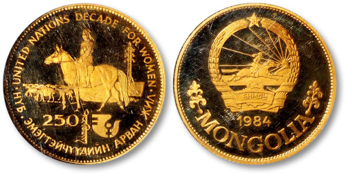 1984年蒙古妇女运动十年250T金质纪念币一枚
