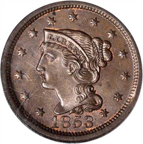 1853 Braided Hair Cent. N-16. Rarity-1. MS-64+ BN (PCGS).