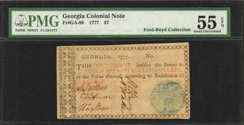 GA-88. Georgia. 1777. $7. PMG About Uncirculated 55 EPQ.