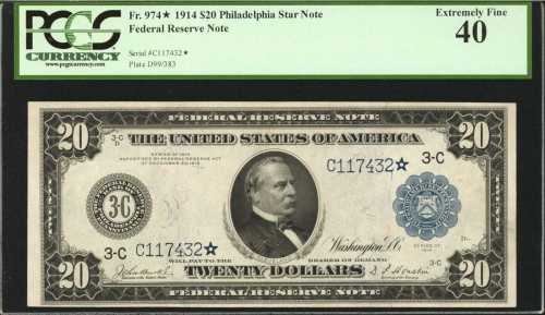 Fr. 974*. 1914 $20 Federal Reserve Star Note. Philadelphia. PCGS Extremely Fine 40.