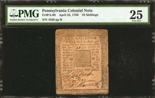 PA-98. Pennsylvania. April 25, 1759. 10 Shillings. PMG Very Fine 25.