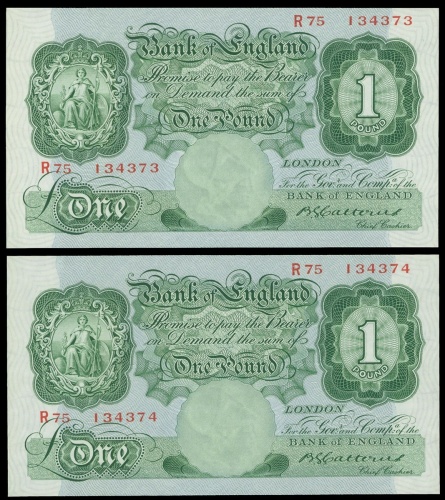 1929-34年英伦银行纸币二枚一组，面值一镑，编号R75 134374-4, 原装原色UNC