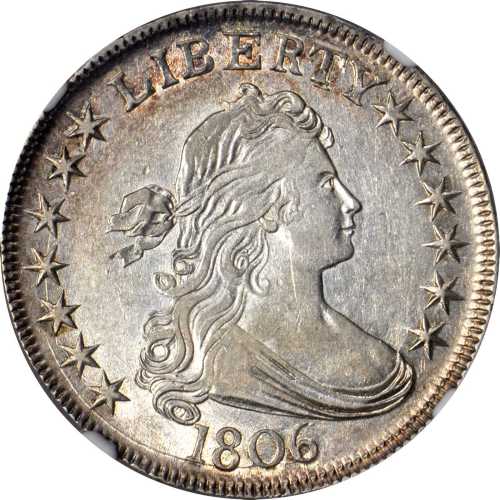 1806 Draped Bust Half Dollar. O-115, T-17. Rarity-1. Pointed 6, Stem Through Claw. AU-53 (NGC).