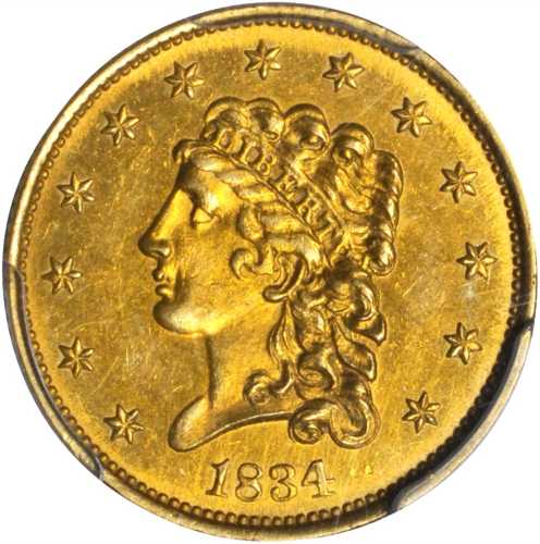 1834 Classic Head Quarter Eagle. McCloskey-1. Small Head, Large Arrowheads. MS-62 (PCGS). Gold Shiel