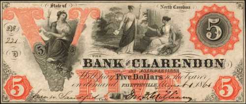 Fayetteville, North Carolina. Bank of Clarendon. August 1, 1861. $5. Choice Uncirculated.