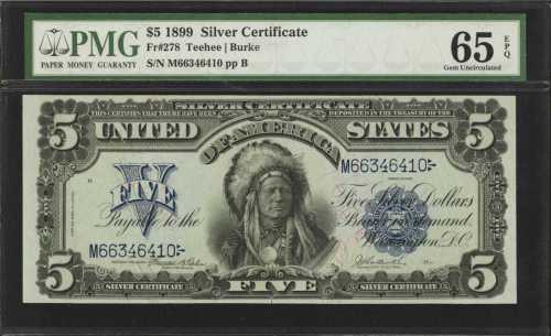 Fr. 278. 1899 $5 Silver Certificate. PMG Gem Uncirculated 65 EPQ.