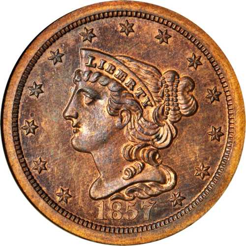 1857 Braided Hair Half Cent. B-2. Rarity-4. Proof-65 RB (NGC).