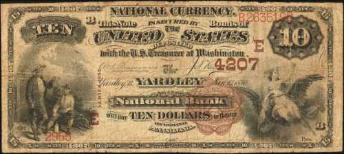 Yardley, Pennsylvania. $10 1882 Brown Back. Fr. 484. The Yardley NB. Charter #4207. Very Good/Fine.