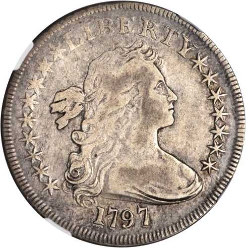 1797 Draped Bust Silver Dollar. BB-73, B-1. Rarity-3. Stars 9x7, Large Letters. VF Details--Improper
