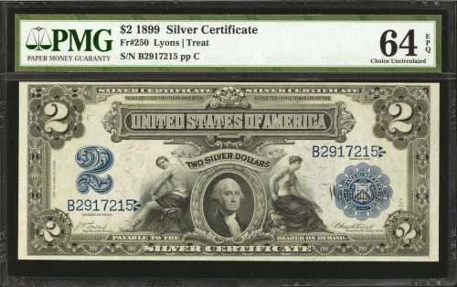 Fr. 250. 1899 $2 Silver Certificate. PMG Choice Uncirculated 64 EPQ.