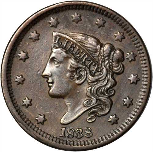 1838 Modified Matron Head Cent. N-1. Rarity-1. EF-40.