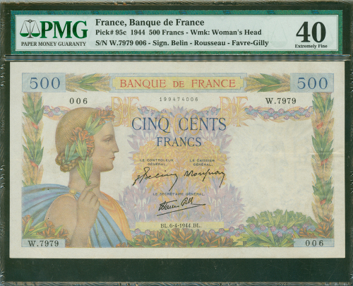 1944年法国银行500法郎，编号W.7979 006, PMG 40, 有孔，罕有的发行日期