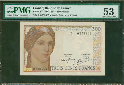 1938年法国银行300法郎，编号R.0755902, PMG 53, 罕见之高评分大额钞票