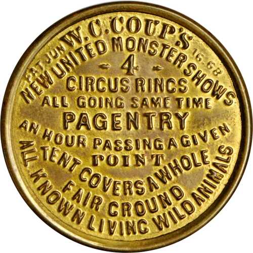 New York, New York. W.C. Coups New United Monster Shows. Bowers NY-4260. Gilt brass. 37.8 mm. Choice