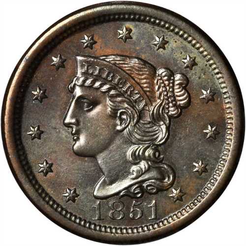 1851 Braided Hair Cent. N-18. Rarity-1. MS-60 Questionable Color.