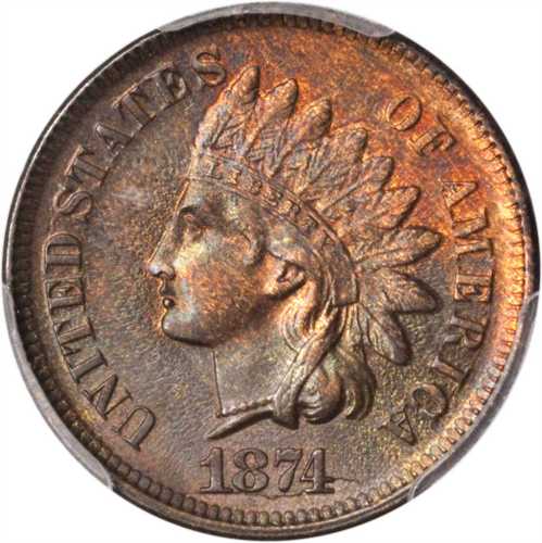 1874 Indian Cent. Unc Details--Questionable Color (PCGS).