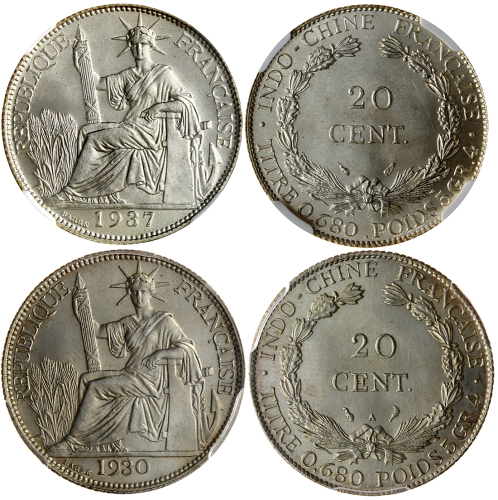 法属安南20分银币2枚一组，1930A及1937年，分别评PCGS MS66及NGC MS66