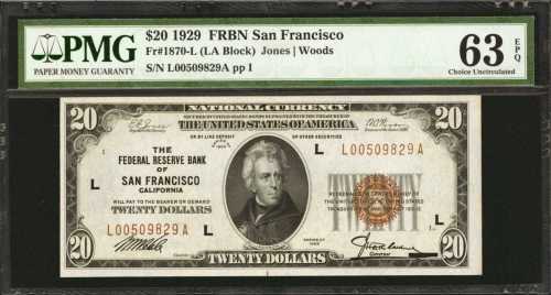 Fr. 1870-L. 1929 $20 Federal Reserve Bank Note. San Francisco. PMG Choice Uncirculated 63 EPQ.