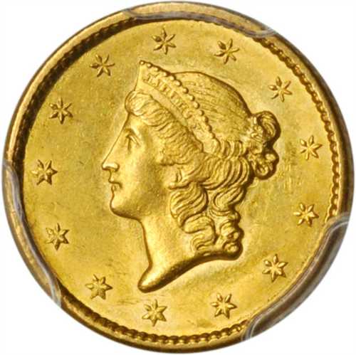 1849 Gold Dollar. Open Wreath, With L, Large Head. MS-62 (PCGS).